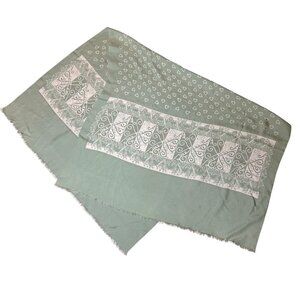 Vintage Sage Green and Cream Hearts 100% Silk Rectangle Scarf with Fringe